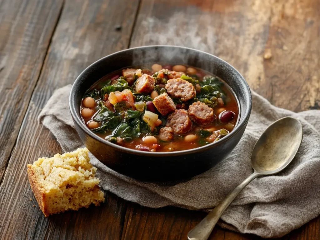 A steaming bowl of swamp soup with smoked sausage, collard greens, and navy beans, served with cornbread on a rustic table.