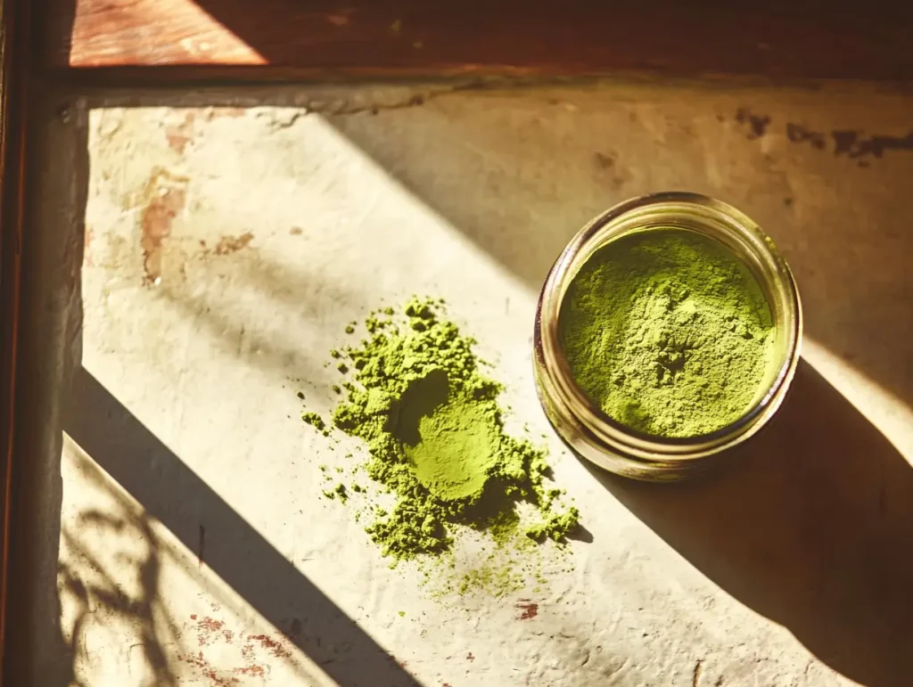 An open jar of matcha powder on a windowsill with sunlight, showing clumps and a yellowish tint due to heat exposure.