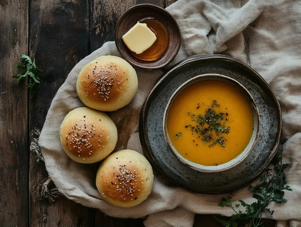 Plate of golden Bubba’s Dinner Rolls served with honey and soup on a rustic table setting.