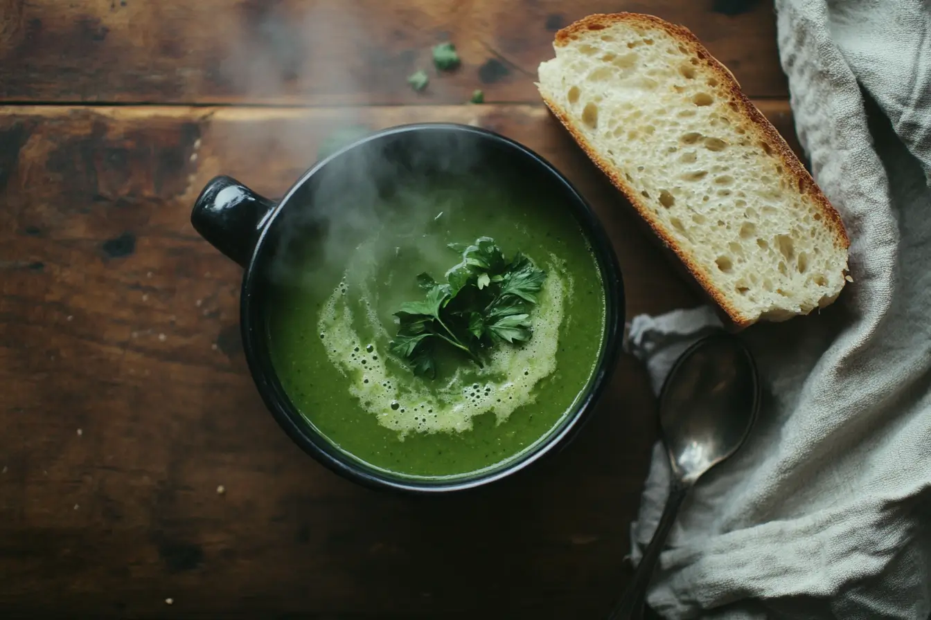 A steaming bowl of swamp soup with a green spinach base, garnished with parsley, served with crusty bread on a wooden table.