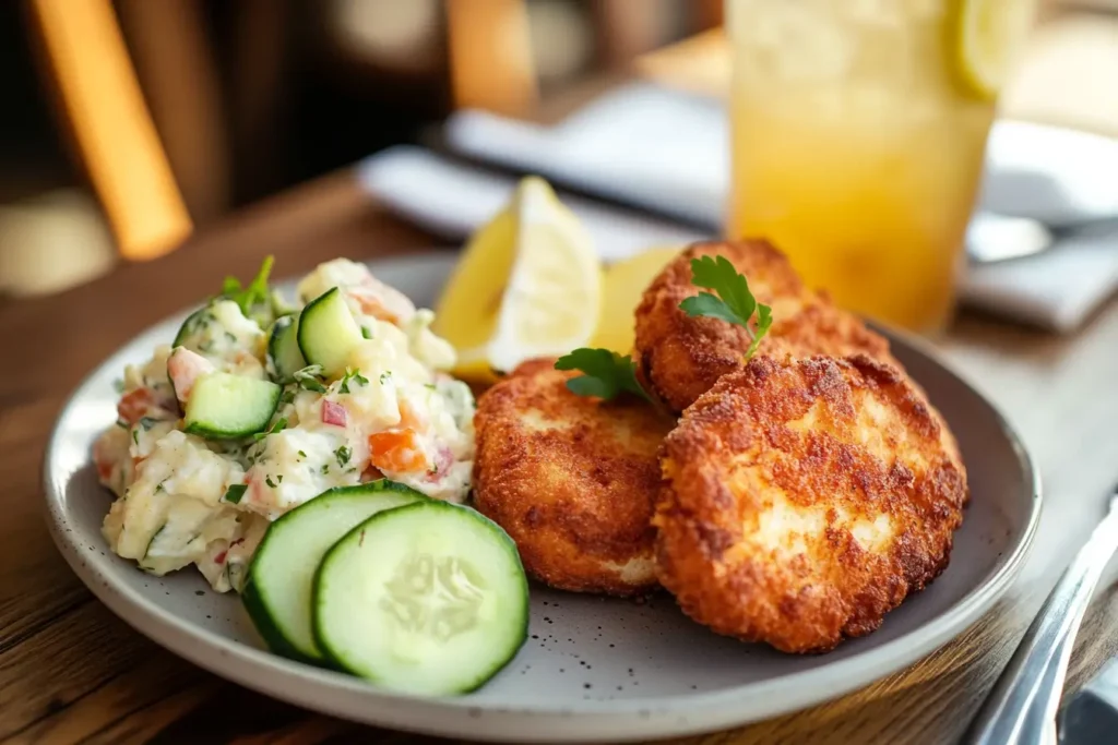 Matjesbrötchen served with German potato salad, cucumber slices, and a lemon wedge on a rustic wooden table.