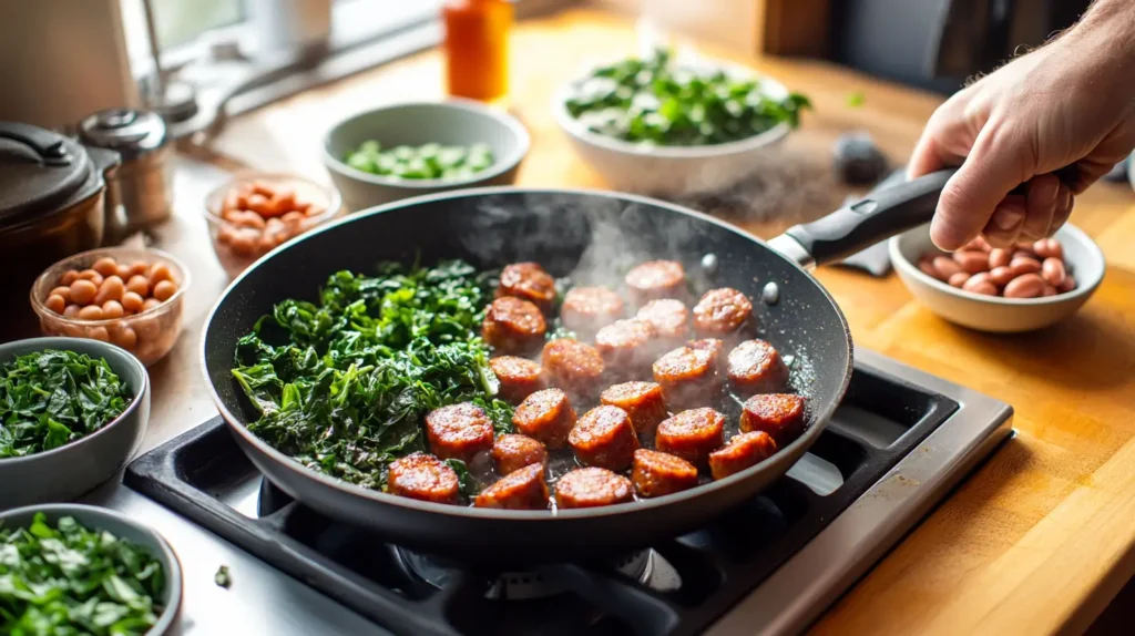 A ladle scooping swamp soup with smoked sausage, navy beans, and collard greens from a steaming pot.