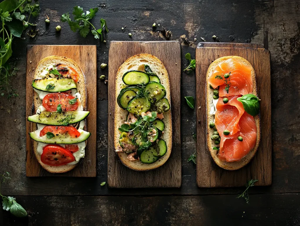 Three variations of Matjesbrötchen sandwiches: classic herring, vegetarian zucchini, and smoked salmon with capers.