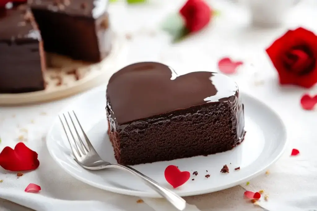 A slice of heart-shaped chocolate cake served on a white plate with a fork, showcasing its rich layers