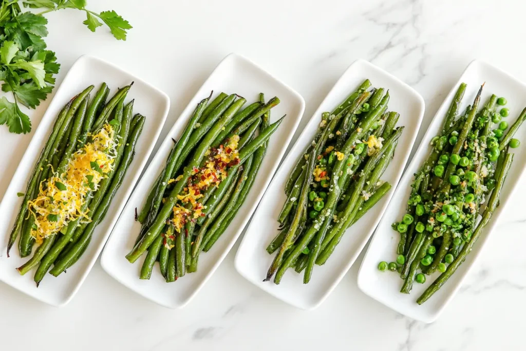 Four variations of roasted green beans: spicy, lemon herb, vegan, and extra cheesy.