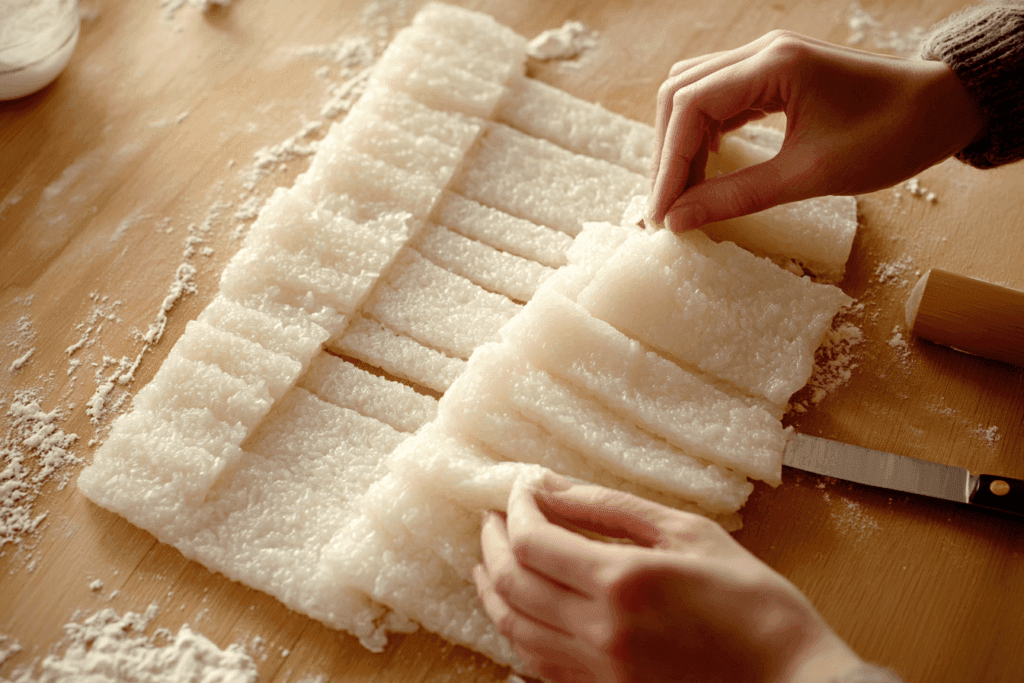 Hands shaping rice cake dough into thin ropes on a floured surface with pieces ready for steaming.