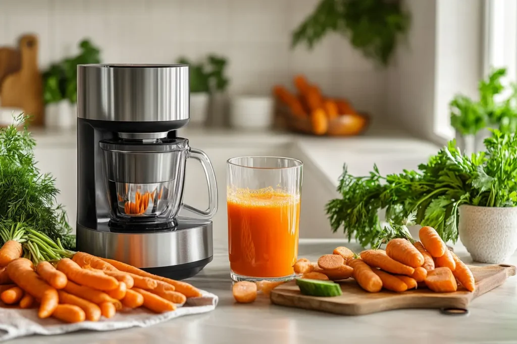 Morning routine setup with carrot juice, oatmeal, and toast on a bright breakfast table.