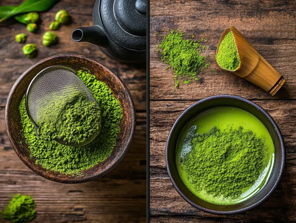 Sifting matcha powder into a Japanese tea bowl with a bamboo scoop, showing preparation steps.