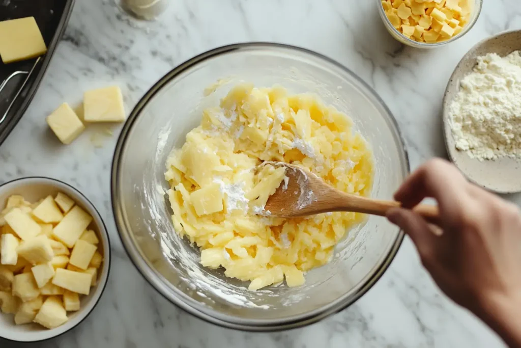 Mixing pineapple chunks, flour, and sugar in a bowl, surrounded by ingredients like shredded cheddar cheese and crushed Ritz crackers. Pineapple Casserole Recipe