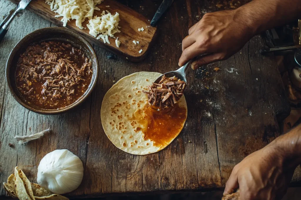 A hand dipping a tortilla into birria fat with shredded meat, cheese, and consommé on a wooden countertop.