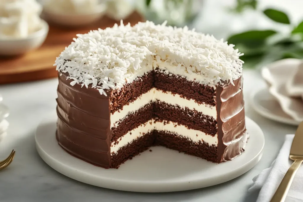 Fully assembled Mounds cake with a slice revealing chocolate and coconut layers