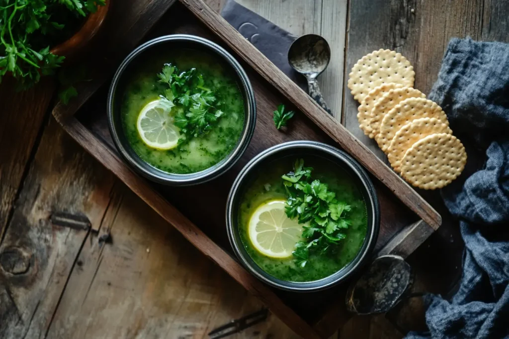 A bowl of vegetarian swamp soup garnished with seeds and herbs, served with a salad and crusty bread on a rustic table.