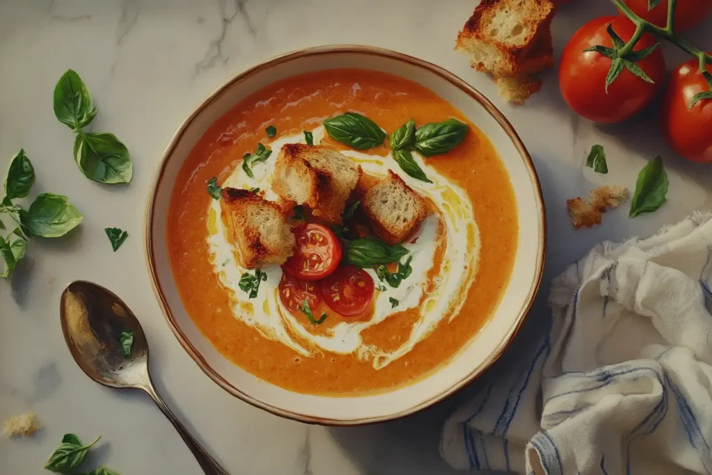 A bowl of creamy tomato bisque garnished with cream swirl, fresh basil, and crispy croutons.