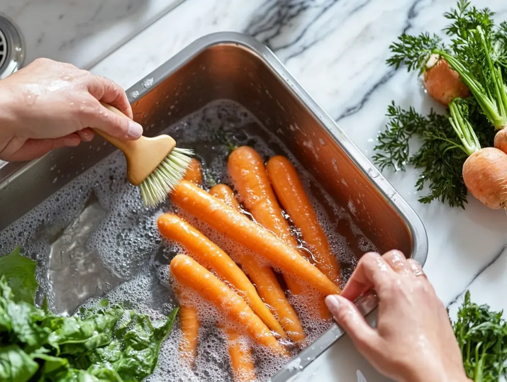 Hands washing fresh carrots under running water with a scrubbing brush, surrounded by peeled carrots and a cutting board.