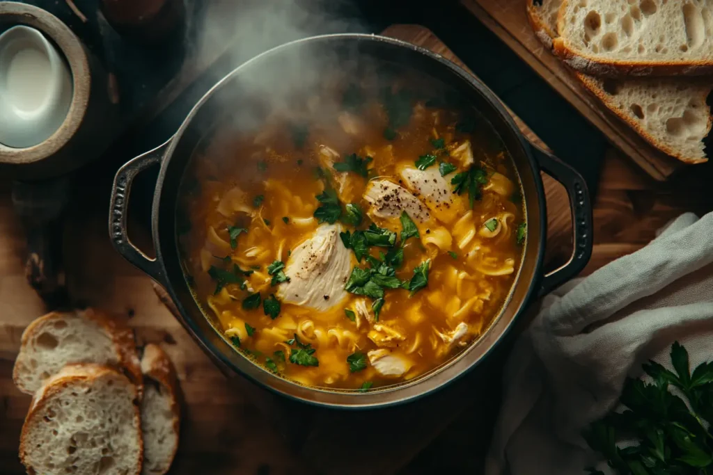 A rustic soup pot filled with golden chicken noodle soup, garnished with fresh parsley and served with sliced bread.