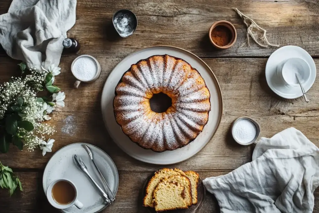 oney bun cake on a wooden table surrounded by coffee cups and cake slices.