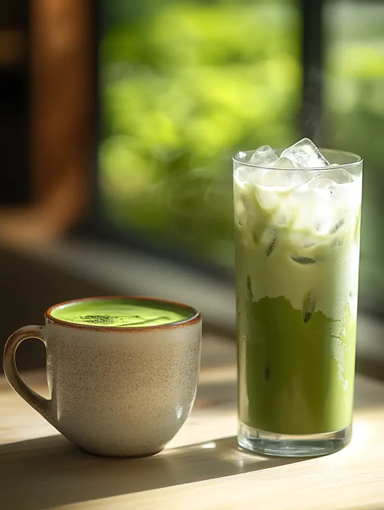 Hot matcha latte and iced matcha side by side on a table. Is it okay to drink matcha hot?