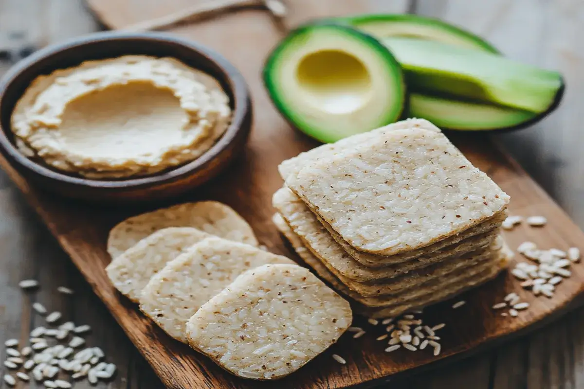 Stack of plain and brown rice cakes on a wooden board with avocado slices and hummus.