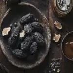 Close-up of Tonka beans with coumarin crystals on a wooden surface, accompanied by vanilla pods and caramel sauce.