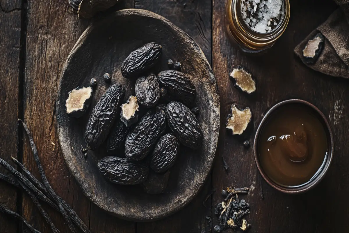 Close-up of Tonka beans with coumarin crystals on a wooden surface, accompanied by vanilla pods and caramel sauce.