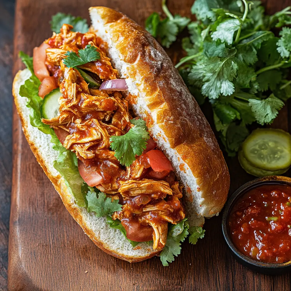 Authentic Salvadoran Panes con Pollo sandwich with juicy chicken, rich tomato sauce, and fresh toppings on a rustic wooden board.