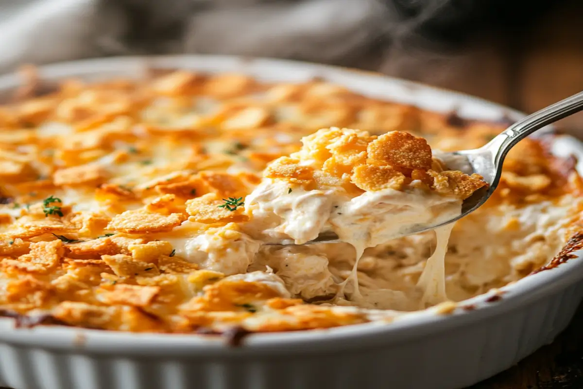 Million Dollar Chicken Casserole in a baking dish with a golden Ritz cracker topping and a creamy, cheesy interior.