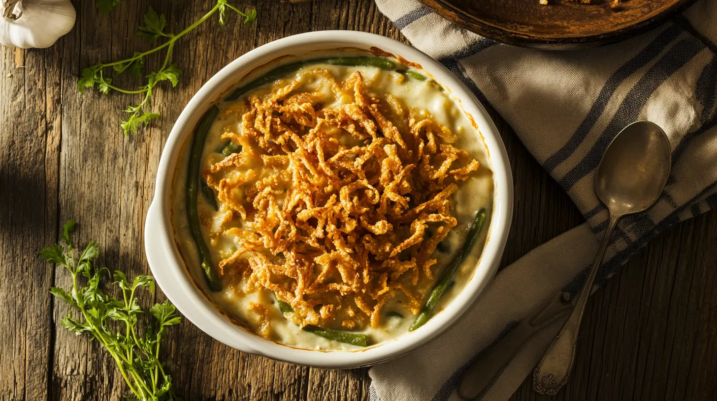 Freshly baked green bean casserole in a white baking dish, topped with crispy fried onions, served on a rustic table.