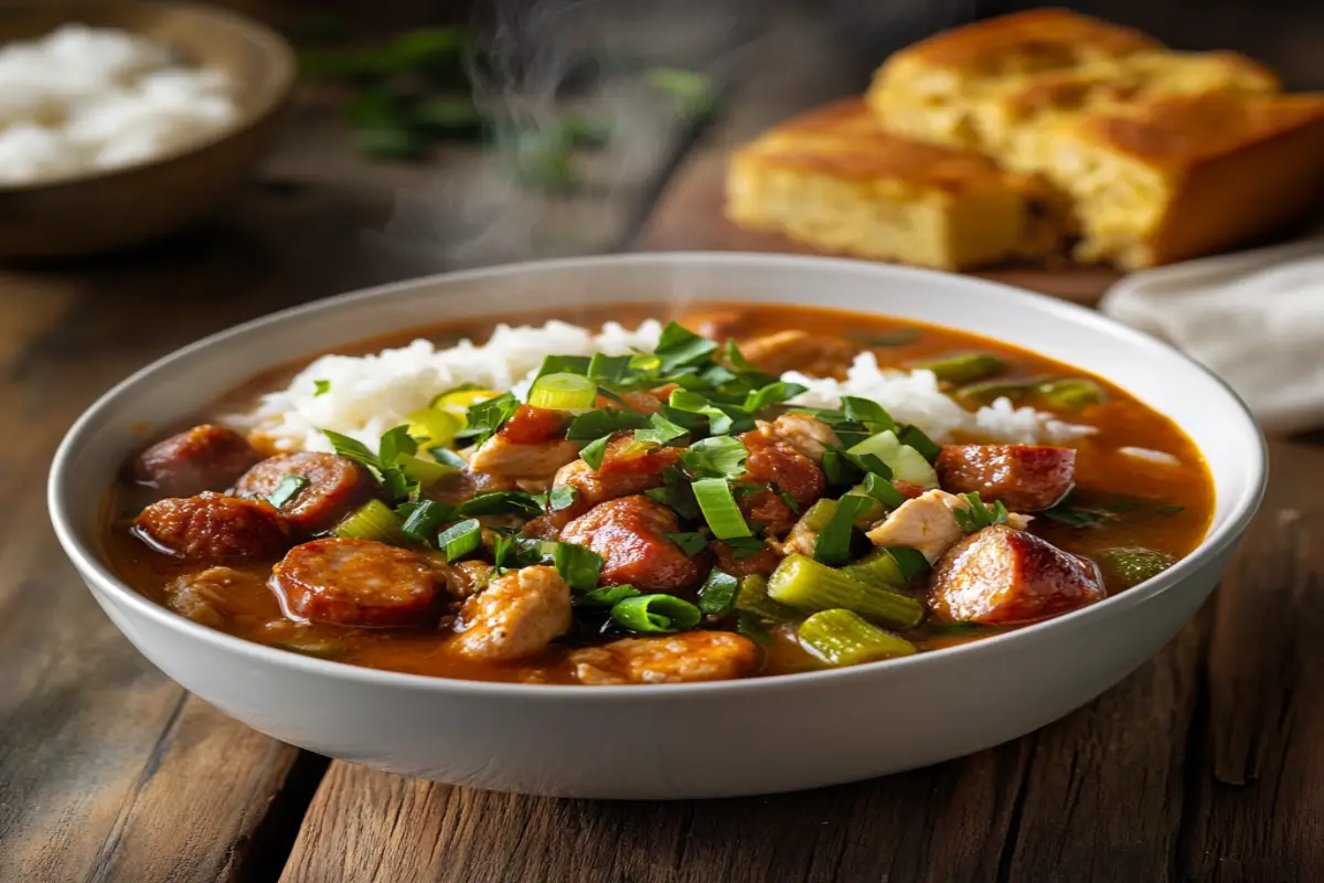 A steaming bowl of authentic gombo soup with chicken, andouille sausage, and fresh okra, served with white rice and cornbread.