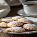 Golden brown Madeline cookies with powdered sugar, served on a white plate with a cup of coffee.