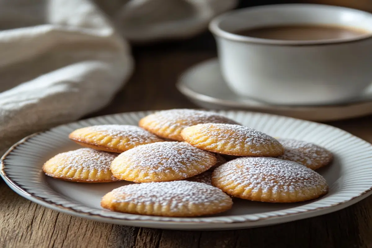 Golden brown Madeline cookies with powdered sugar, served on a white plate with a cup of coffee.