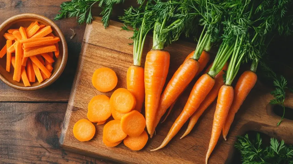 Fresh carrots with green tops on a wooden cutting board, showcasing their bright orange color and crisp texture.