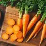 Fresh carrots with green tops on a wooden cutting board, showcasing their bright orange color and crisp texture.