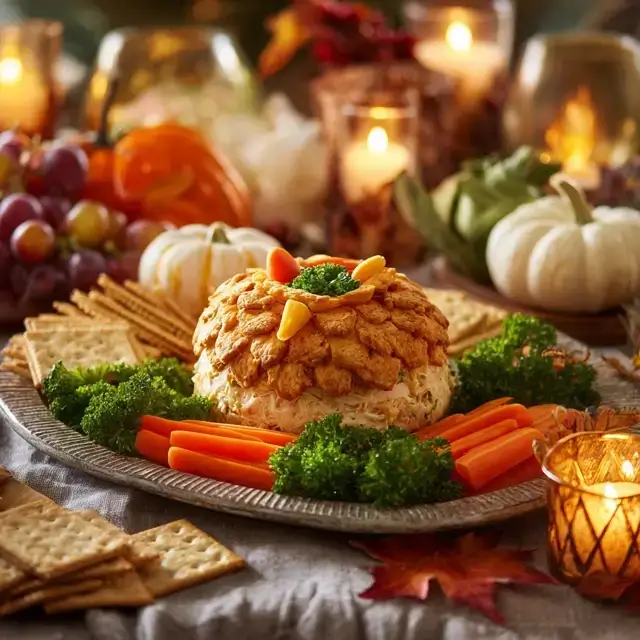 Decorating a turkey cheese ball with pretzels, candy eyes, and bell peppers β festive Thanksgiving appetizer idea.