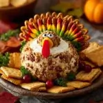 Turkey Cheese Ball appetizer decorated like a turkey with pretzel feathers, cheddar, and crackers β festive Thanksgiving centerpiece.