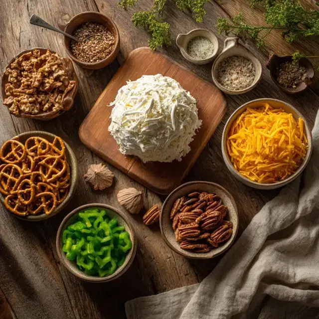Top-down view of turkey cheese ball ingredients β cream cheese, cheddar, pecans, and pretzels arranged for Thanksgiving appetizer preparation.