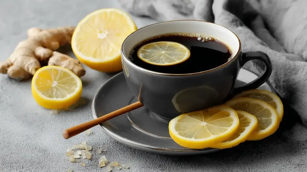 black coffee with lemon slices and fresh ginger