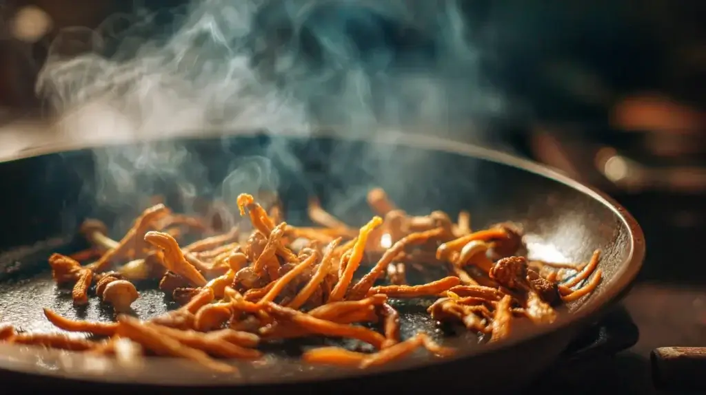 blooming cordyceps militaris in pan for trick recipe