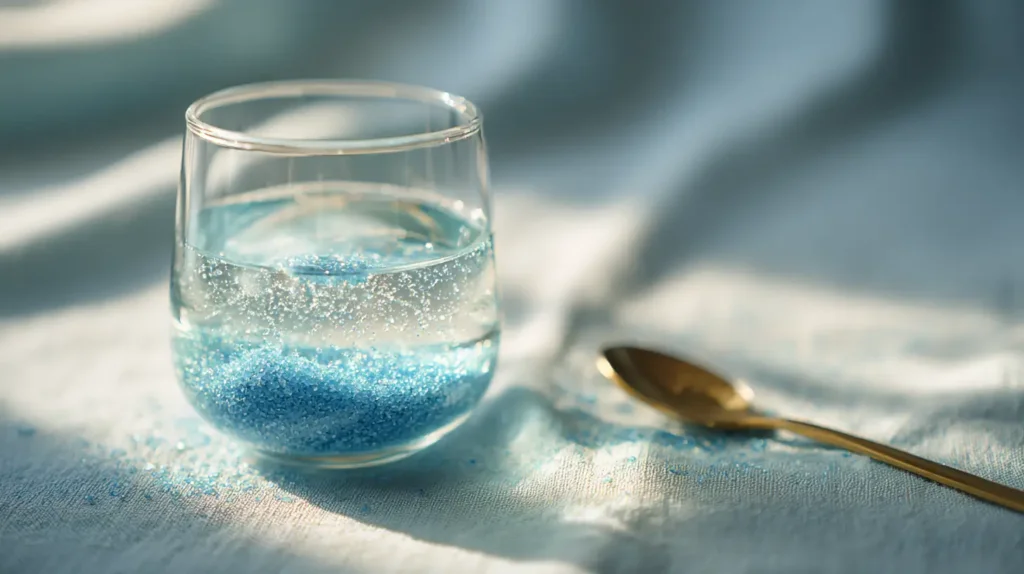 Blue salt dissolving in a glass of warm water for a wellness hydration drink