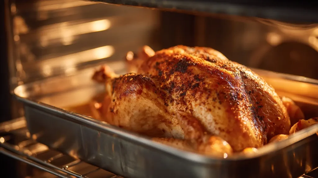 Emeril-style Cajun turkey roasting in a pan