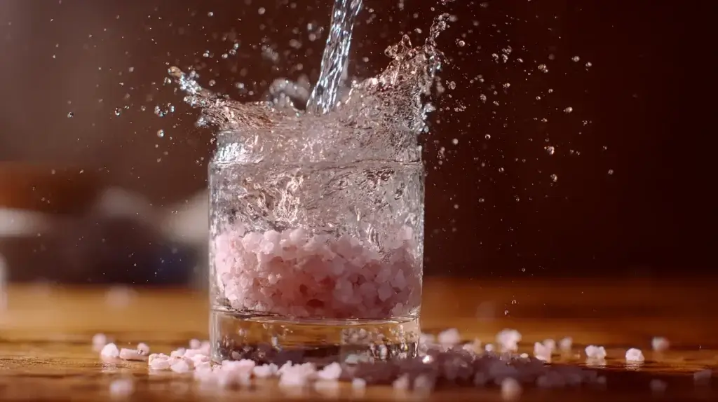 Water being poured over pink salt to prepare the horse salt recipe for men