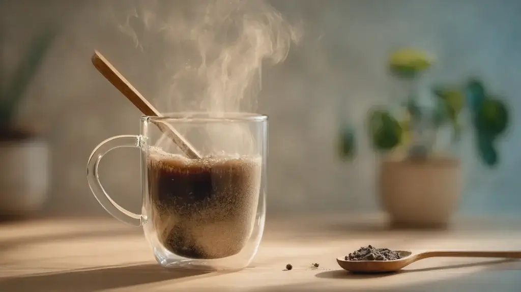 mixing mushroom coffee with hot water in a glass mug