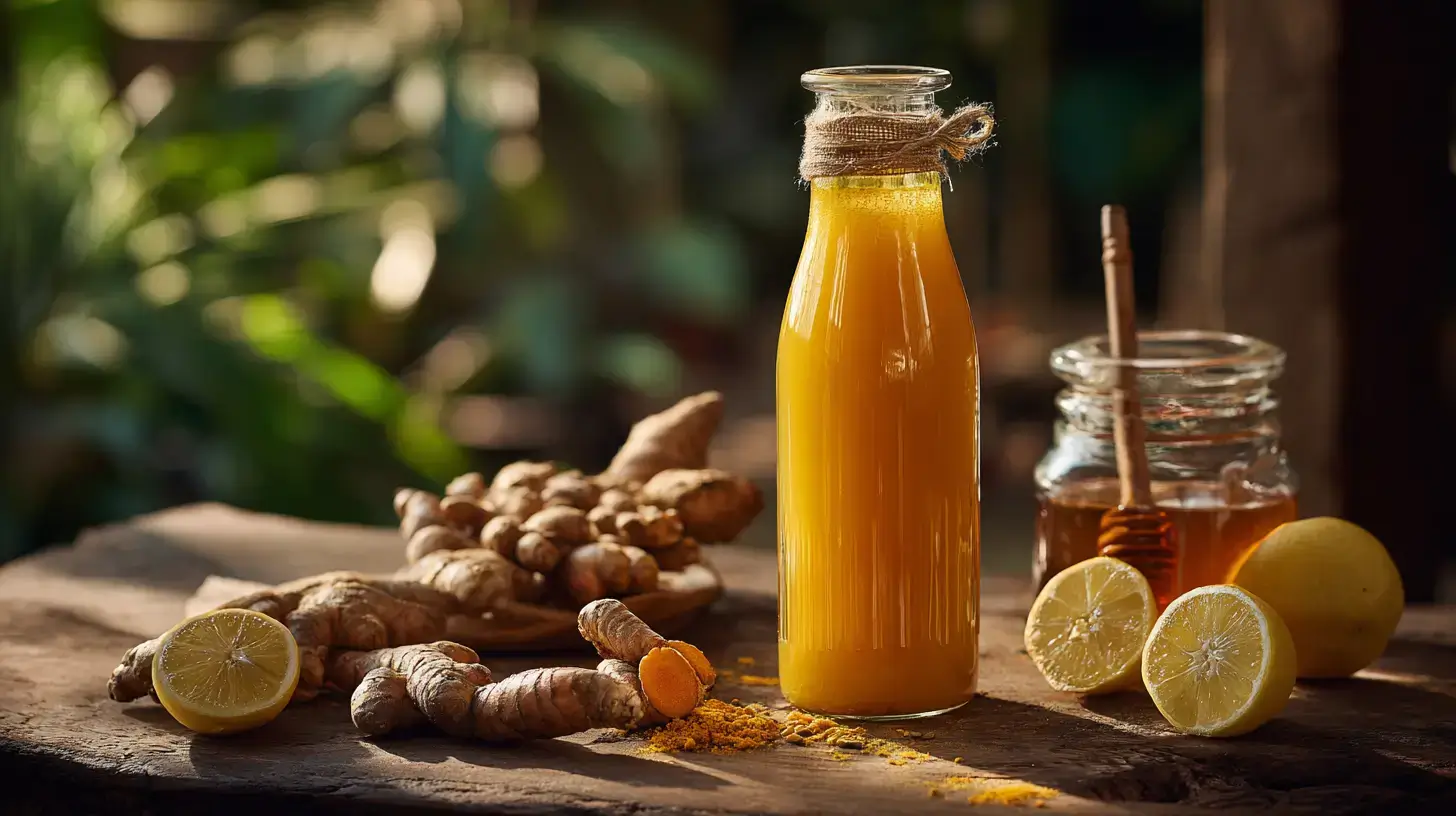 Traditional Jamu juice in a glass bottle with turmeric and ginger ingredients.