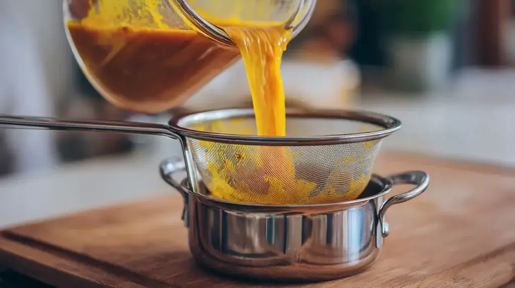 Jamu juice preparation with blending, heating and straining.