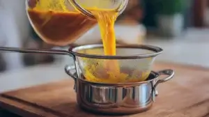 Jamu juice preparation with blending, heating and straining.