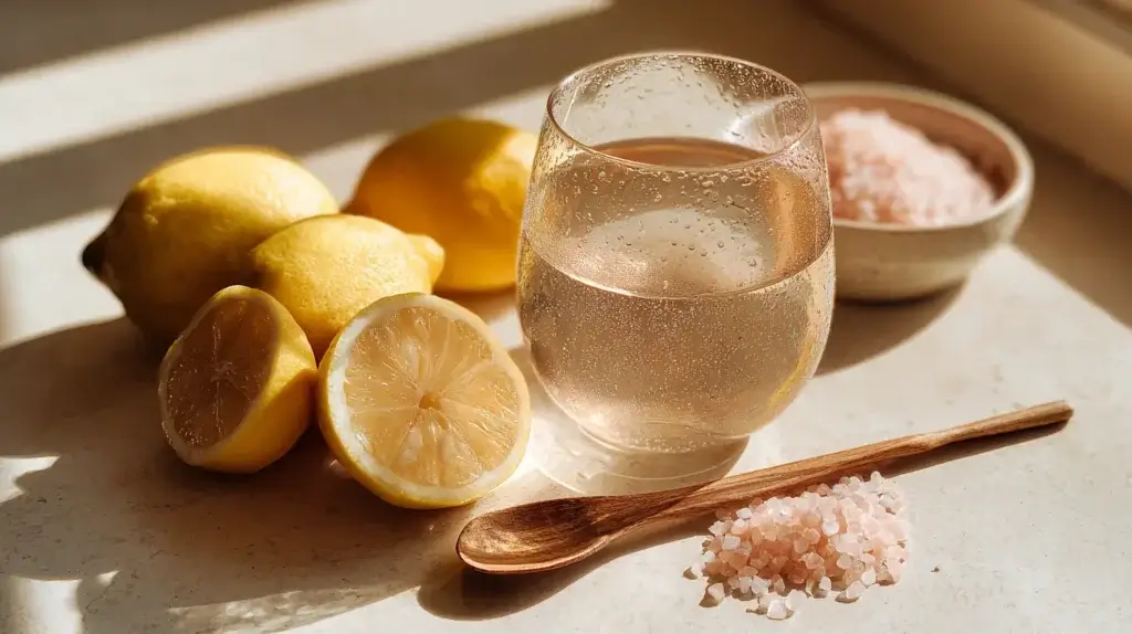 LMNT Salt homemade electrolyte drink on kitchen counter