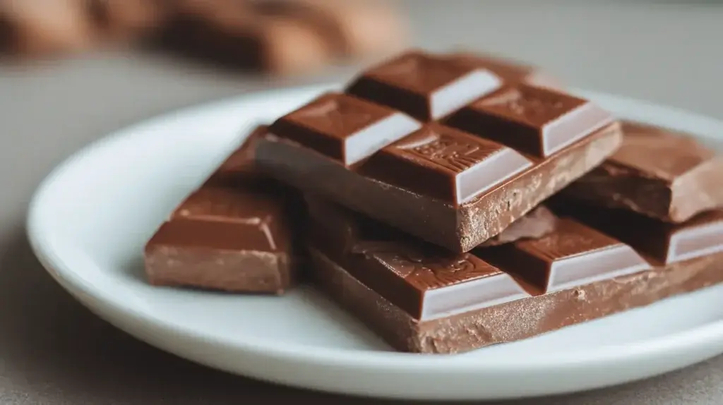 close-up of milk chocolate bars arranged on a white plate
