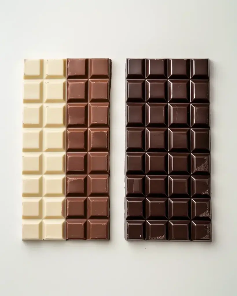 Does Milk Chocolate Have Caffeine ? Milk chocolate pieces with percentage labels showing cocoa content