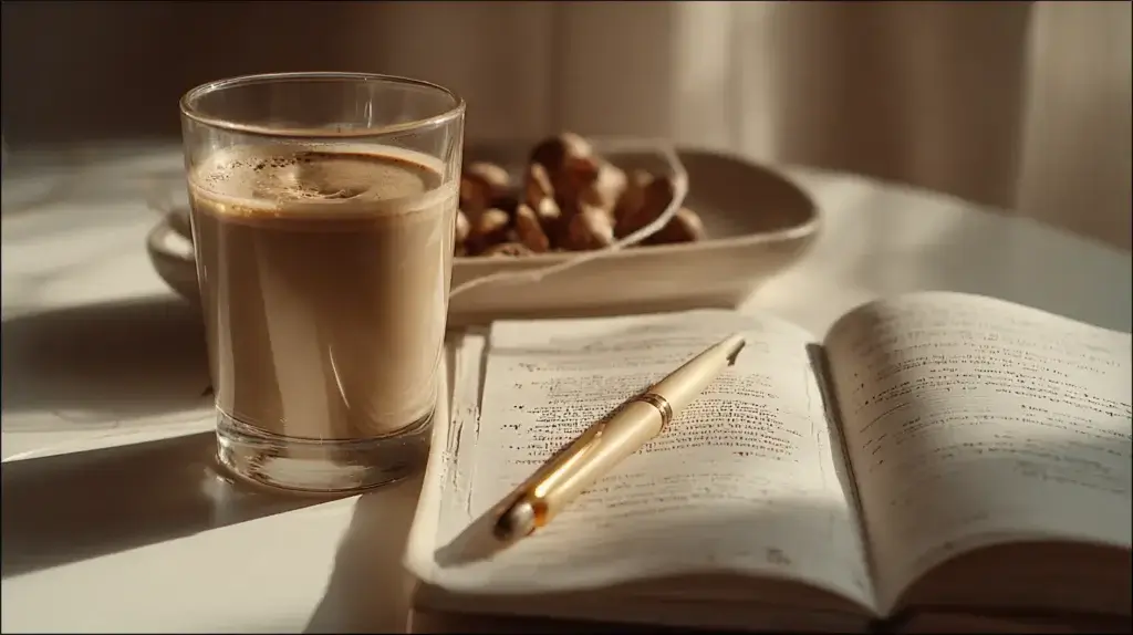 half-finished mushroom coffee cup next to a notebook