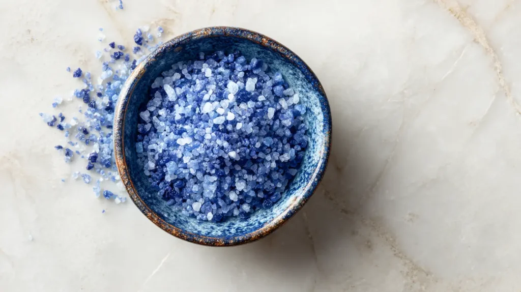 Persian blue salt in a ceramic bowl showing natural blue mineral streaks