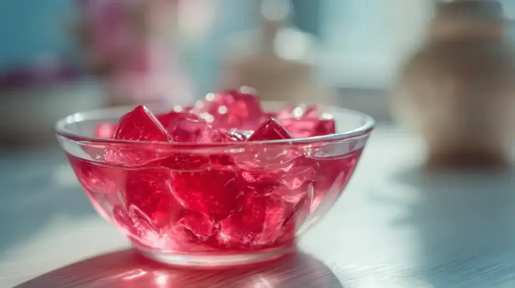 pink jello weight loss recipe in glass bowl